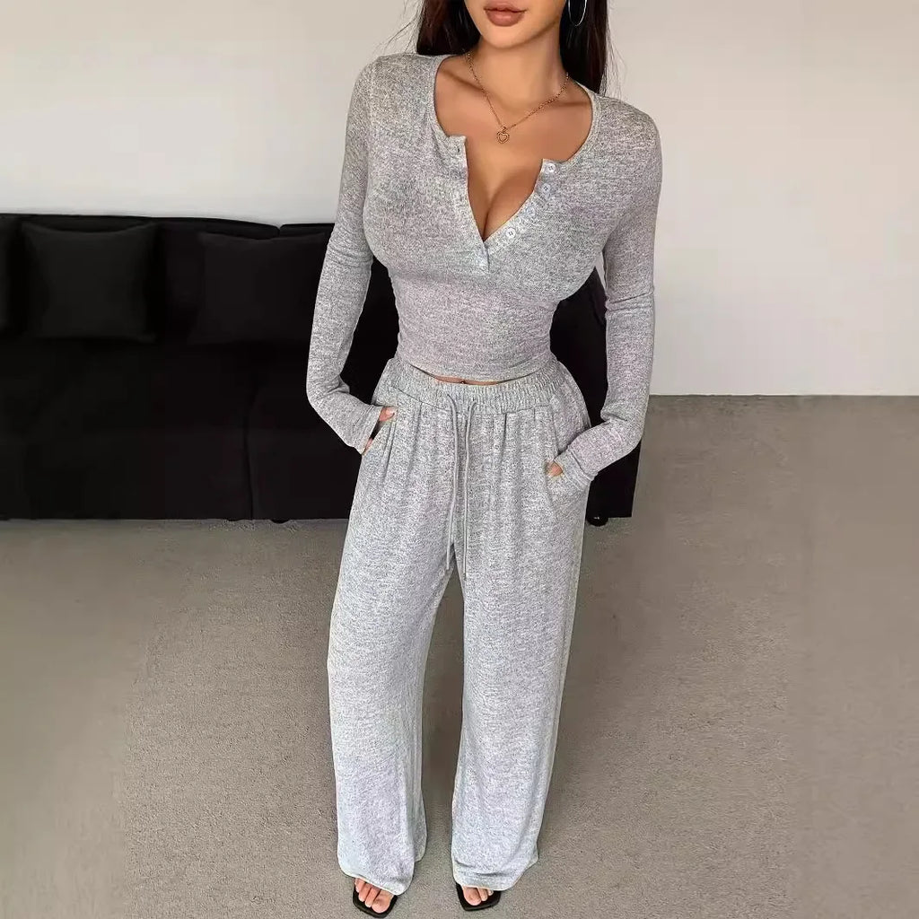Two Piece Sets Women Pants Set Tracksuit Full Sleeve Sheath V Neck Tops Lace Up Elastic Waist Wide Leg Long Pants Casual Loose