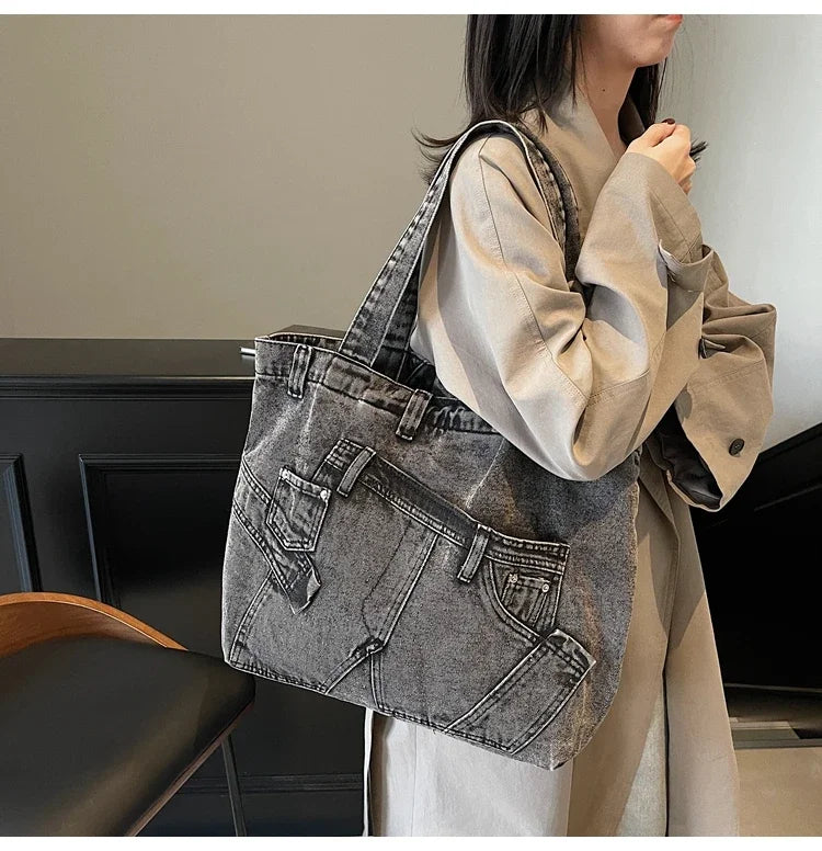 2025 Spring New Hot Sale Denim Tote Bags Solid Large Capacity Personality Retro Durable Commute Style Shoulder Bags for Women