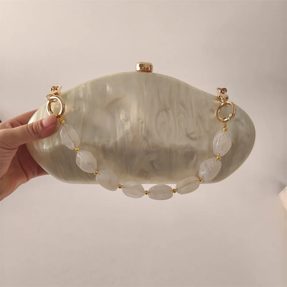 Luxury Elegant Evening Bags Beige Ivory Handmade Shell Purse European American Fashion Shoulder Bags Box Acrylic Lady  Handbags