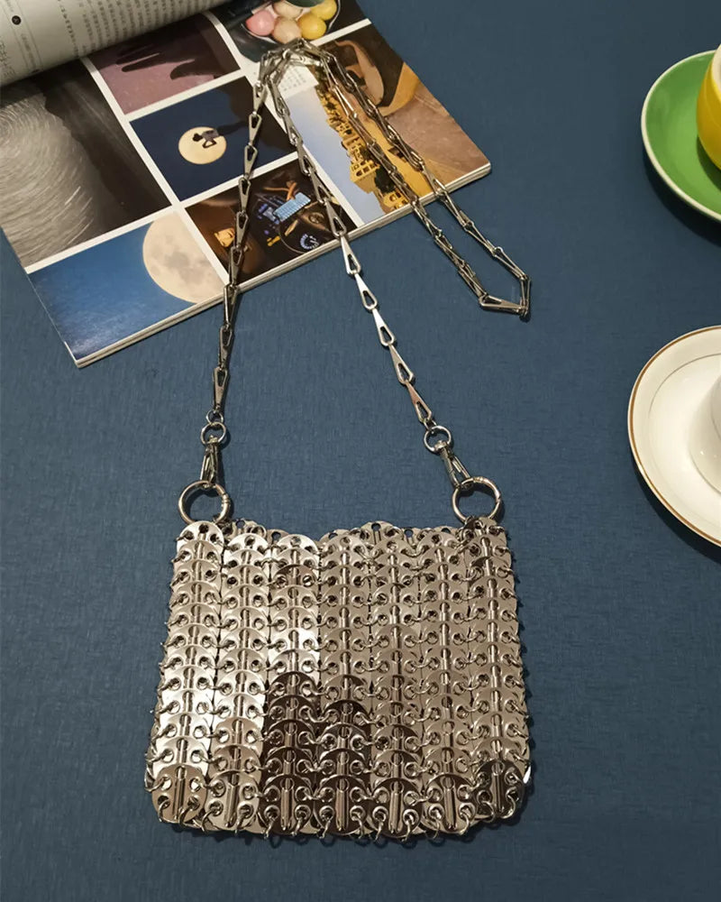 Women's Bag 2025 Trend luxury Designer Handbag Metal Chain Tote Bag Hollow Evening Bag Clutch Female Travel Holiday Shoulder Bag