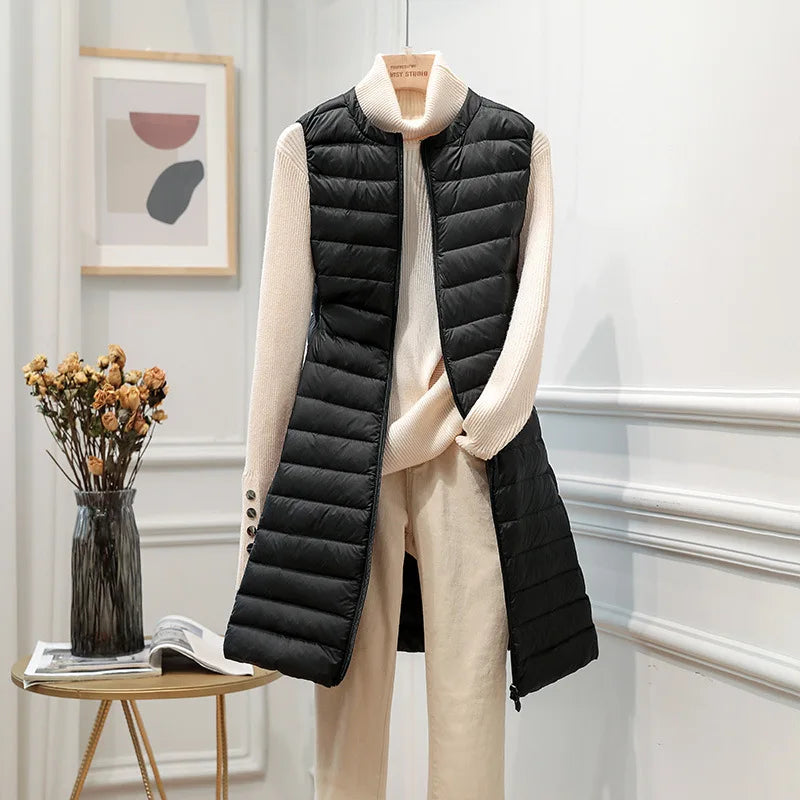 Autumn and Winter New Light Thin down Vest Women round Neck Mid-Length Waistcoat down Liner Vest Vest Outerwear