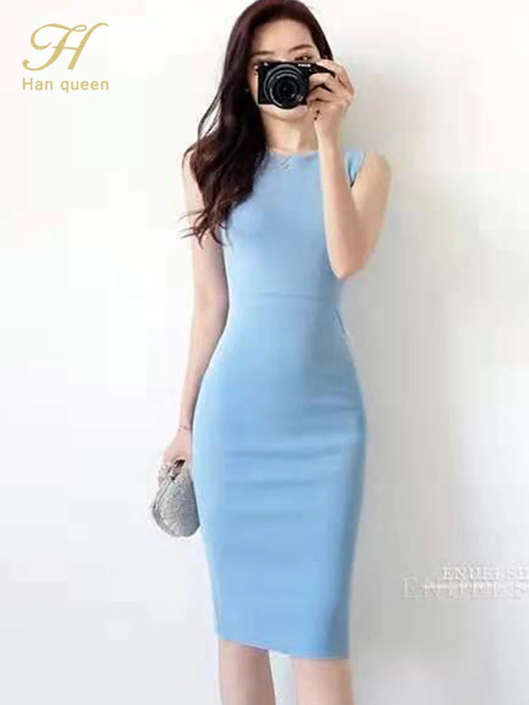 H Han Queen Elegant O-Neck Office Pencil Dress Women Summer Sheath Tank Knitted Dresses Simple Slim Work Party Bodycon Vestidos