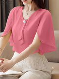 Elegant Office Women Blouses 2025 ZANZEA Stylish Short Ruffled Sleeve Solid Tunic Shirt Female Work OL Tops Casual V Neck Blusas