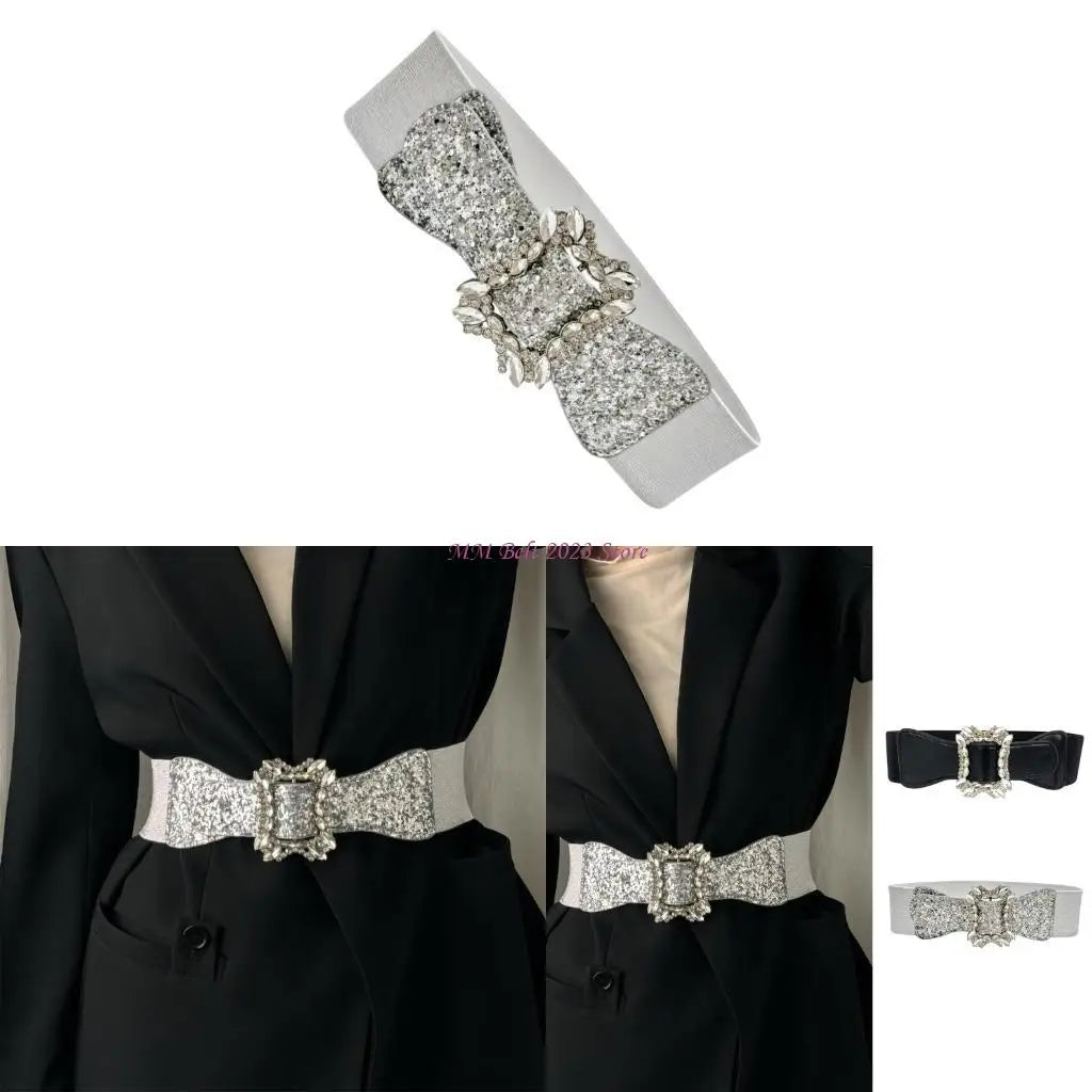 49ME Sparkly Wide Waist Belt Rhinestones Buckle for Hot Girl Glitter Corset Trendy Underbust Waist Chain Belt Disco Party