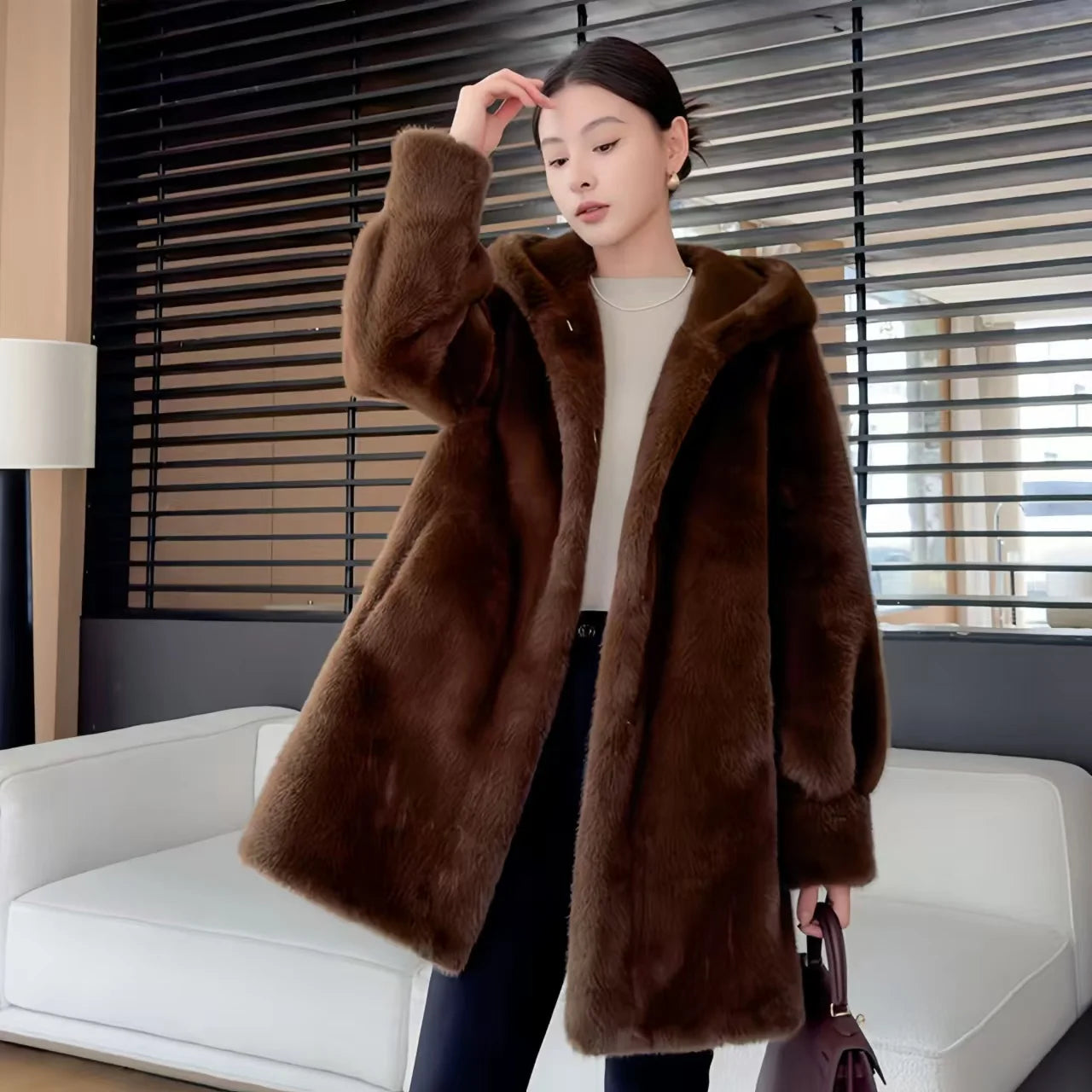 Faux Mink Fur Coat for Women,Covered Button Jackets,Hooded Overcoat,Female Clothes,Thicken Warm,Winter,New, 2025