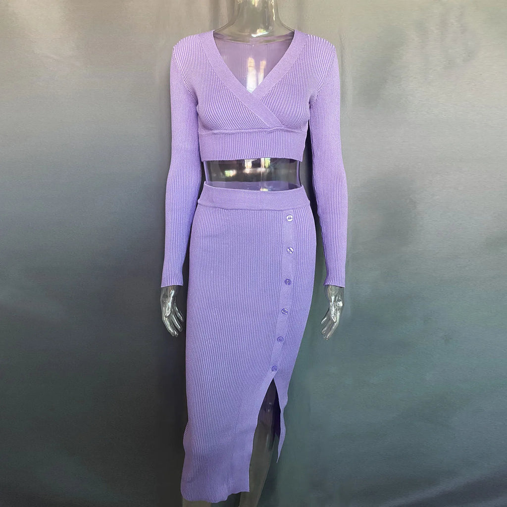 Talenza Knitted Slim Fit Slit Skirt Set 2 Piece Women's Solid Color Pullover Top Long Skirt Set Long Sleeve Women's Suit Skirt