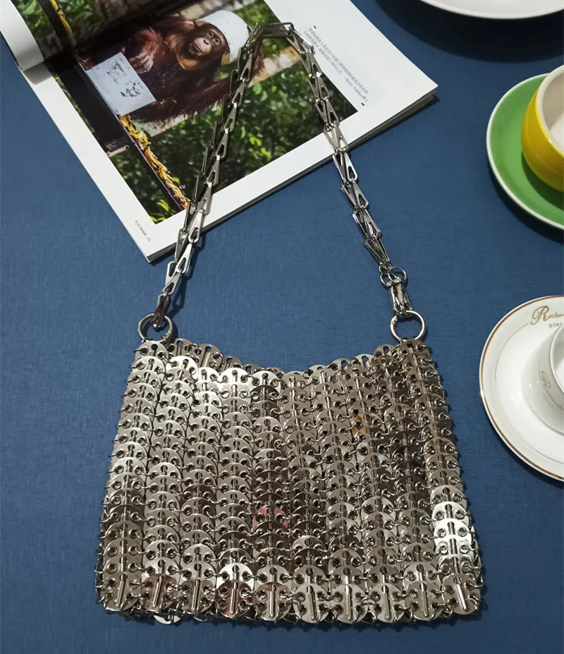 Women's Bag 2025 Trend luxury Designer Handbag Metal Chain Tote Bag Hollow Evening Bag Clutch Female Travel Holiday Shoulder Bag