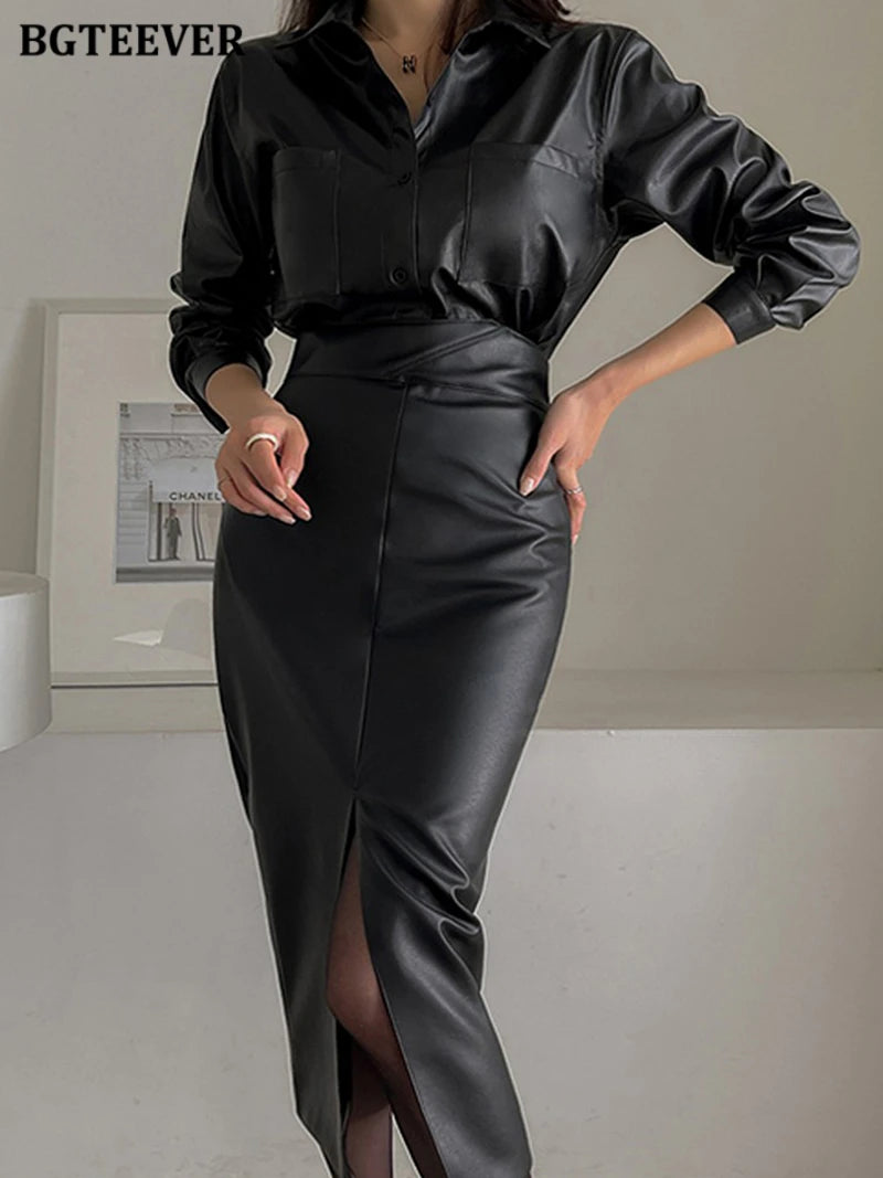 BGTEEVER Stylish Skinny PU Leather Skirts for Women Autumn Winter Elegant Slim Split Package Hip Pu Skirts Female