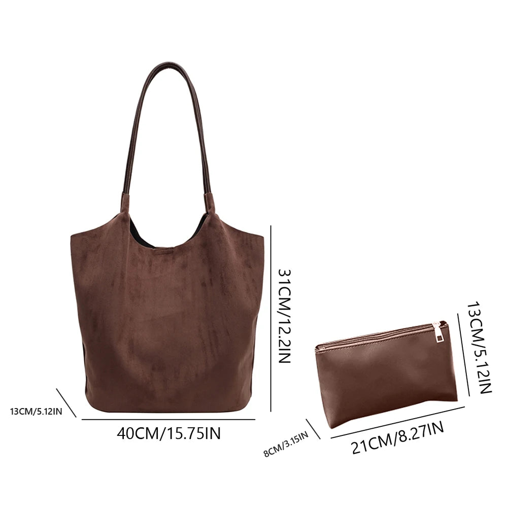 2pcs/set  Women Tote Bags Work Bags Suede Slouchy Bag Hobo Handbag Tote Handbag Suede Shoulder Bag Solid Color Commuting Bag