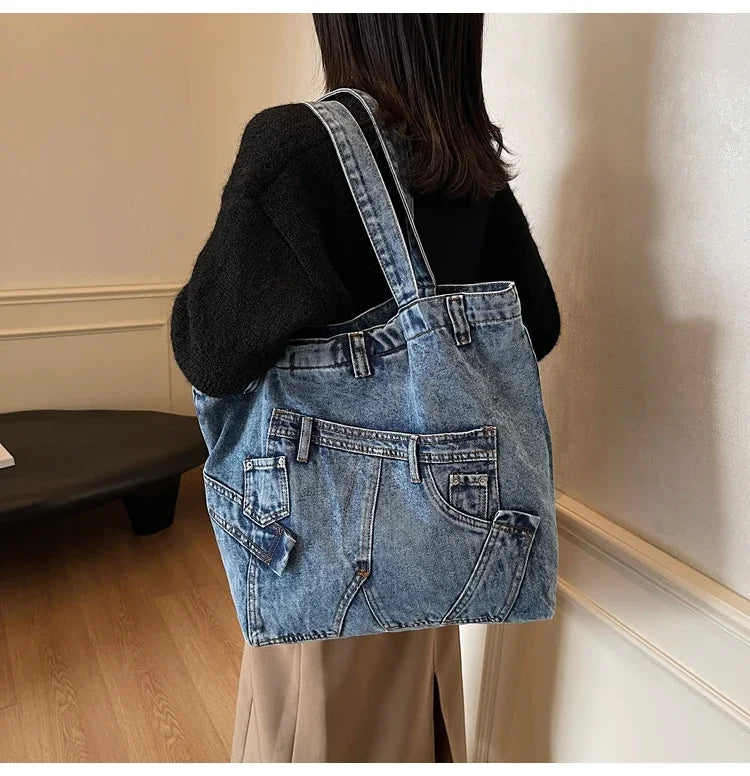2025 Spring New Hot Sale Denim Tote Bags Solid Large Capacity Personality Retro Durable Commute Style Shoulder Bags for Women