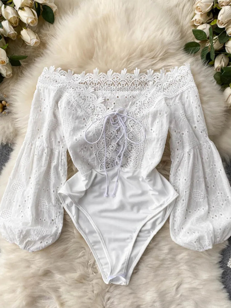 Women's Bodysuits 2025 Summer Autumn Ins Hollow Lace Spliced Lace-up V-neck Off Shoulder Lantern Sleeve Sexy Club Body Suits