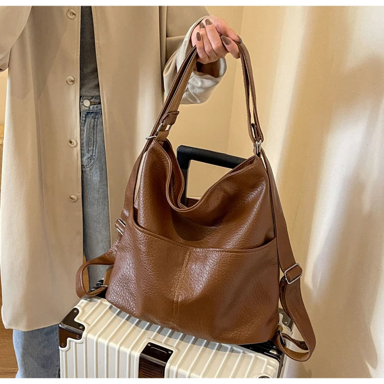 Versatile Student PU Backpack Women New Large Capacity Commute Travel Shoulder Crossbody Bags Fashion All-matched Tote Bag