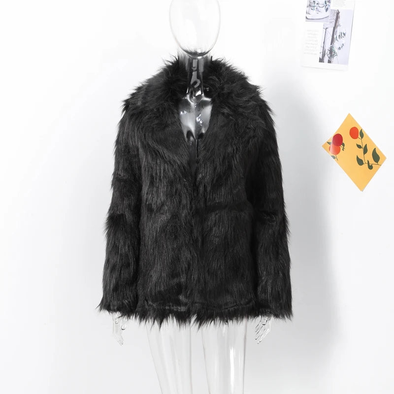 Women Plush Faux Fur Coat Female Casual Turn Down Collar Long Sleeve Warm Overcoat 2024 Winter New Fashion Cardigan Tops Lady