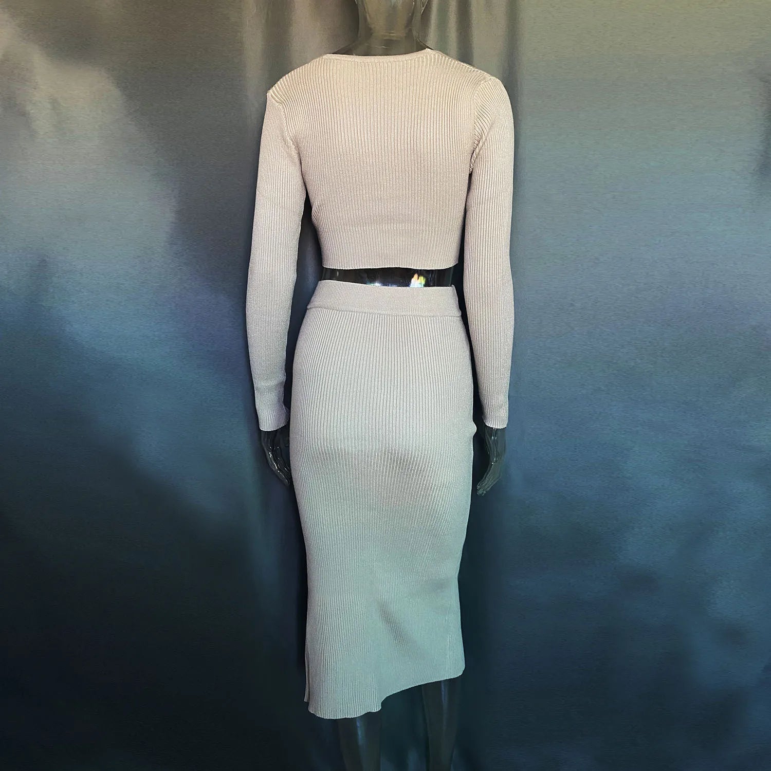 Talenza Knitted Slim Fit Slit Skirt Set 2 Piece Women's Solid Color Pullover Top Long Skirt Set Long Sleeve Women's Suit Skirt