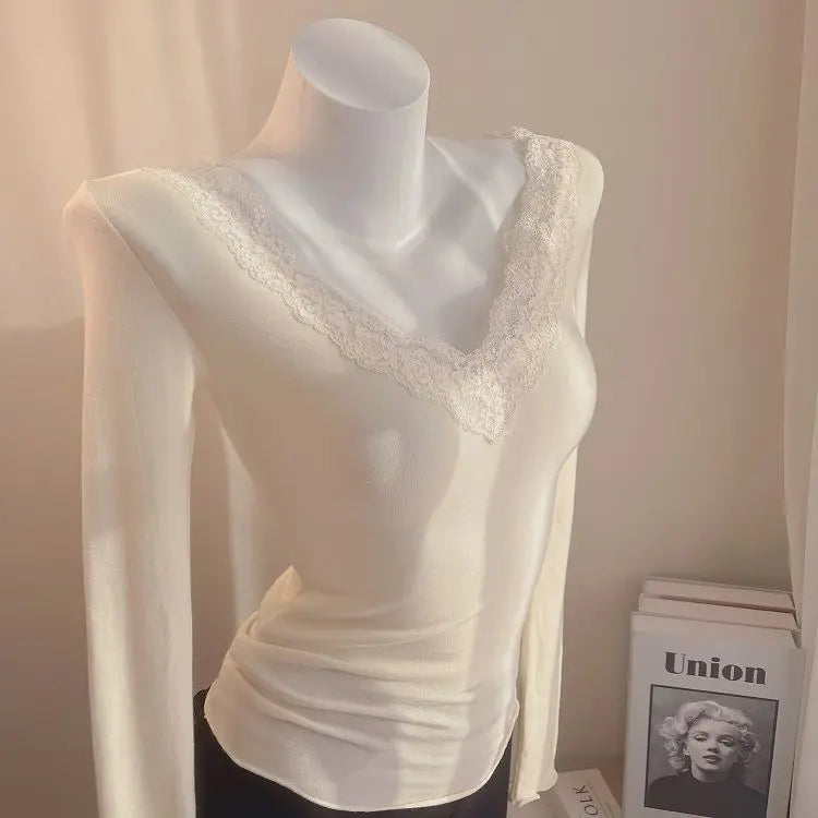 Women's Blouses Sexy Lace Deep V Neck Long Bell Sleeves Top Slim Fit Low Cut Sheer Mesh Shirt For Spring Fall Women's Clothing