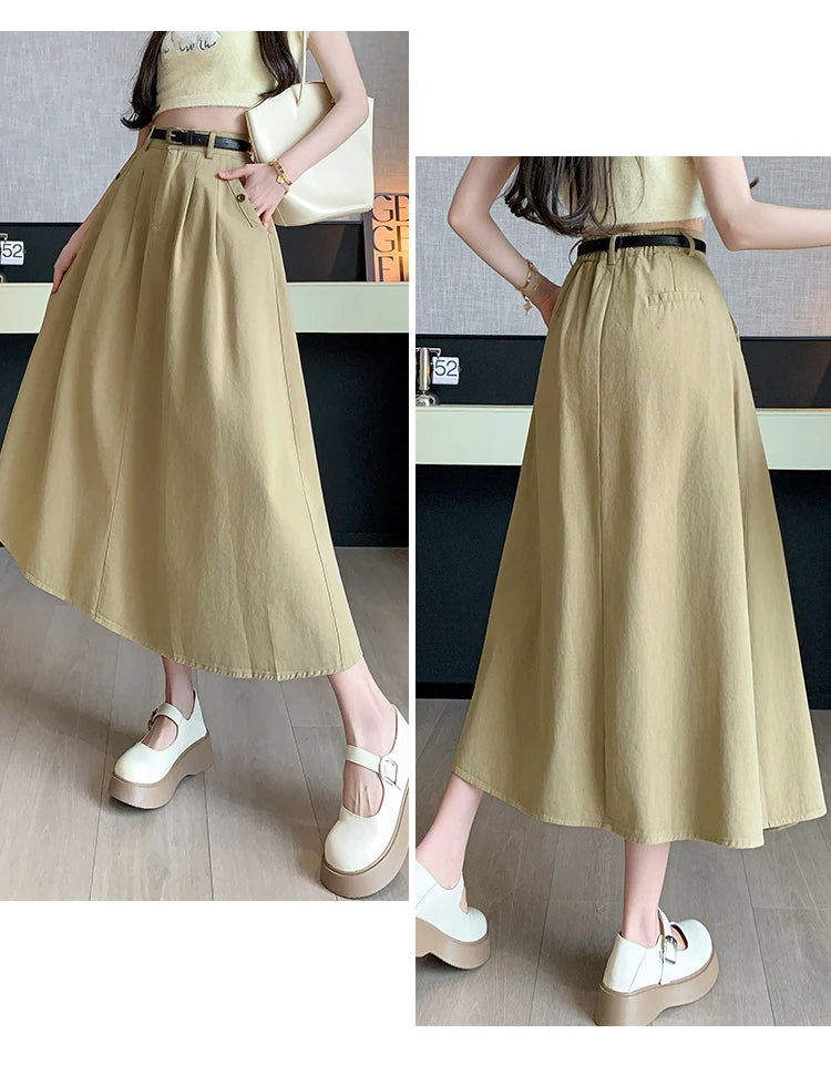 Seoulish Denim Skirts for Women 2024 Spring Summer New High Waist A-line Large Hem Office Lady Umbrella Skirt Pleated Long Skirt