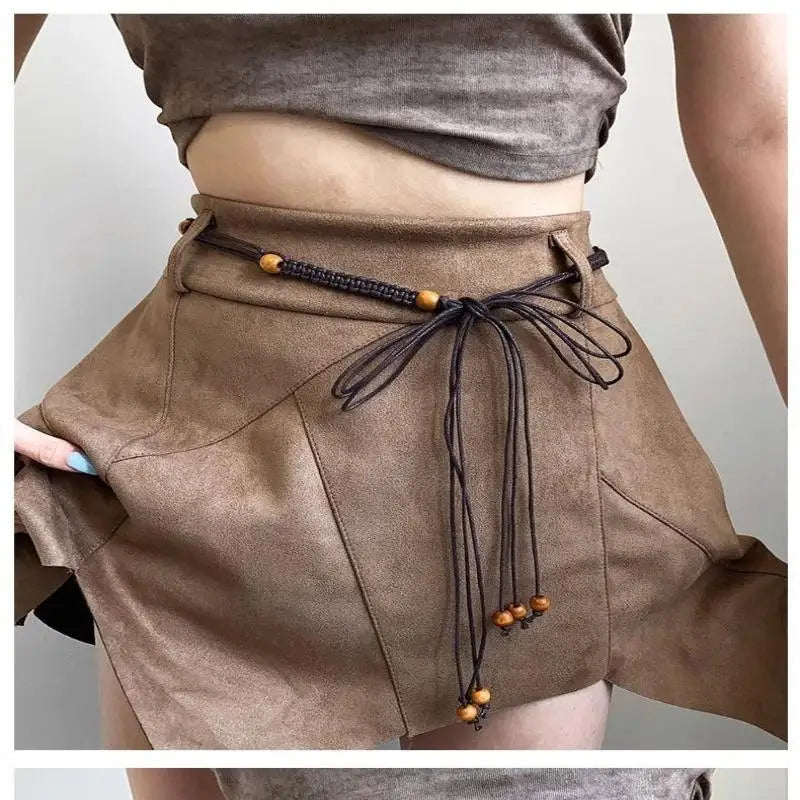 Belts For Women Knot Waistband Summer Boho Shell Bead Dress Jeans Belt Female Beach Accessory Beige Wax Cord
