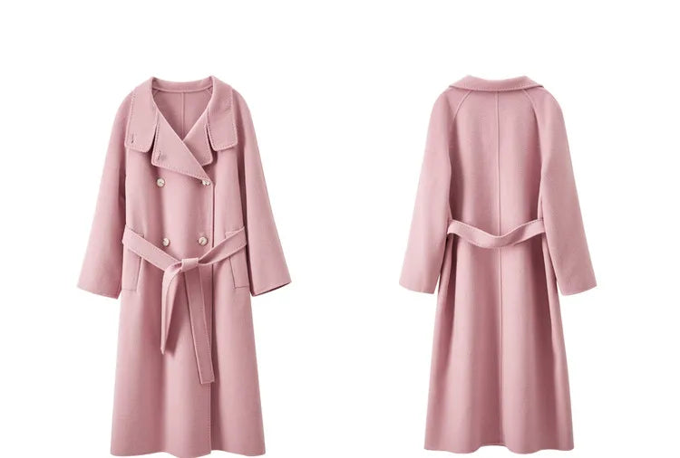 SENTUBILA Women's Long Woolen Overcoats 2025 Winter Outerwear Elegant Turtleneck Warm Double Breasted Belt Wrap Coat W24O42064