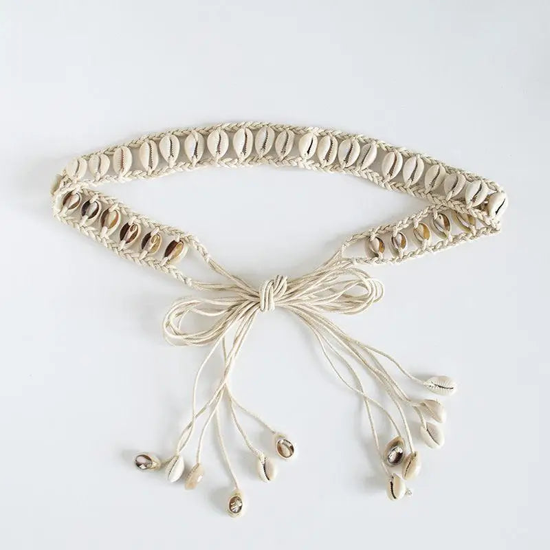 Belts For Women Knot Waistband Summer Boho Shell Bead Dress Jeans Belt Female Beach Accessory Beige Wax Cord