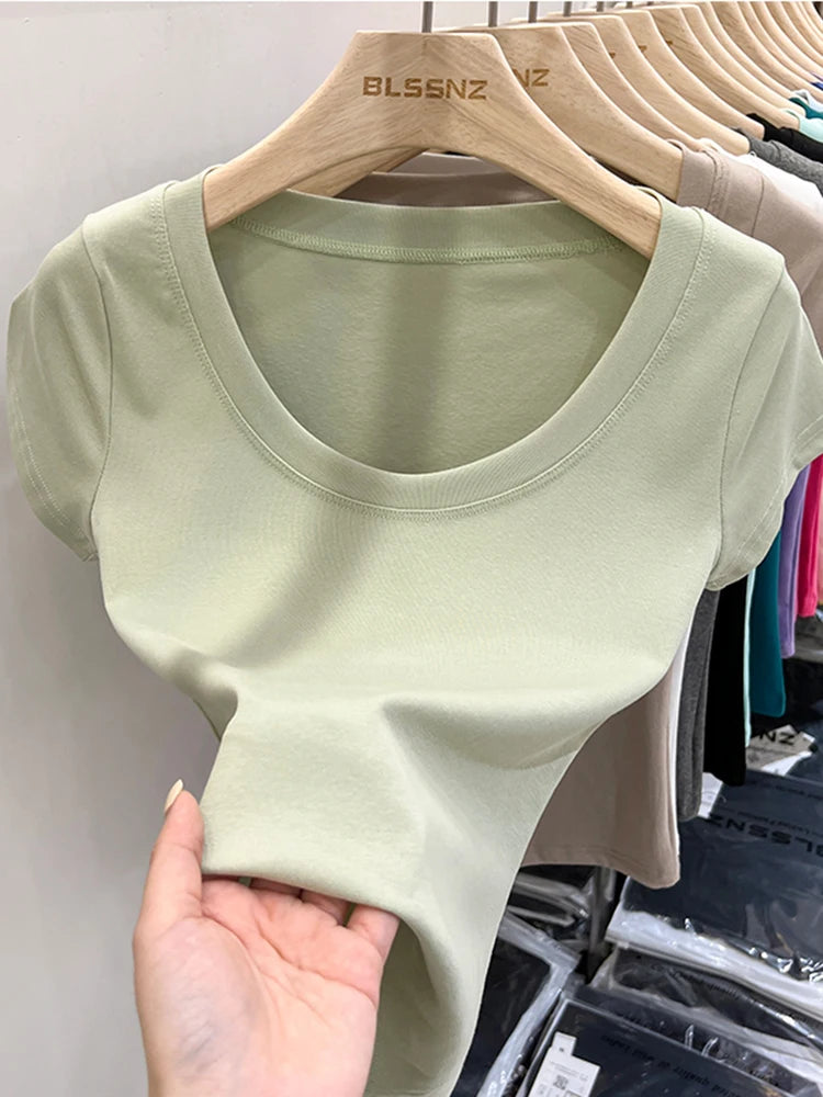 2025 Sexy Square Collar Slim T Shirt Women Cotton Elastic Basic Solid Female Casual Tops Short Sleeve Thin T-shirts See Through