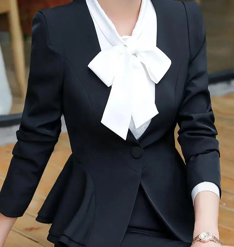 Slim 2 Piece Blazer and Skirt 2024 Spring Autumn New Fashion Office Ladies Ruffle Hem Single Button Blazers Solid Skirt Suits