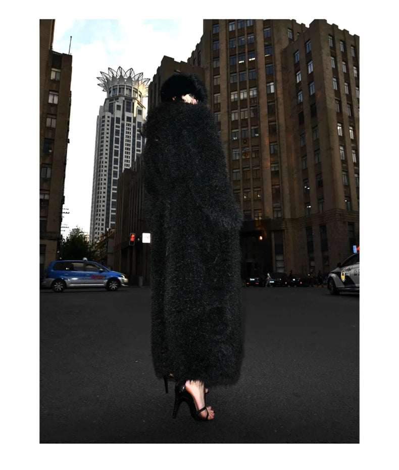 Lautaro Winter Extra Long Soft Thick Warm Fluffy Black Fuzzy Shaggy Hairy Faux Fur Coat Women Sashes Luxury Furry Overcoat 2023