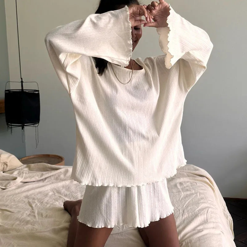 2025 Women's Solid Pajamas Set Autumn Long Sleeve Top And Shorts Sleepwear 2 Piece Set For Female Casual Loose Breathe Homewear