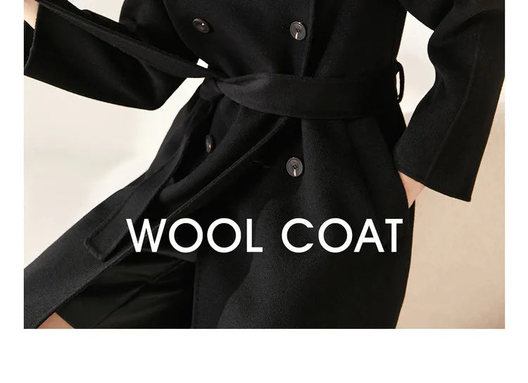 SENTUBILA Women's Long Woolen Overcoats 2025 Winter Outerwear Elegant Turtleneck Warm Double Breasted Belt Wrap Coat W24O42064