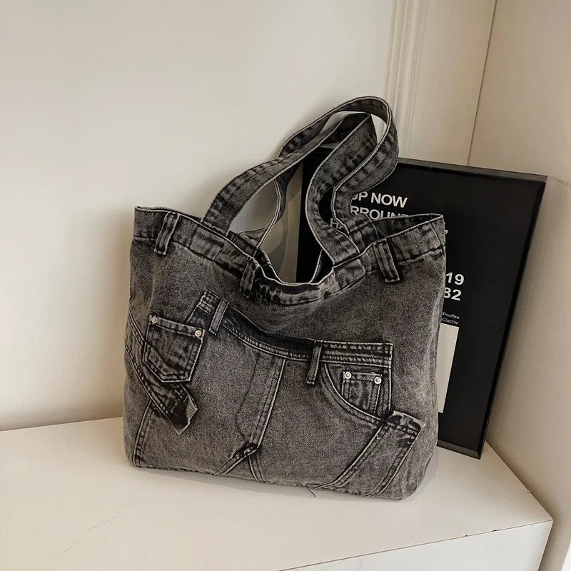 2025 Spring New Hot Sale Denim Tote Bags Solid Large Capacity Personality Retro Durable Commute Style Shoulder Bags for Women