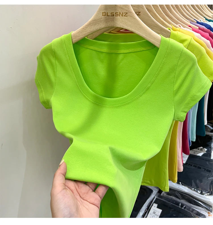 2025 Sexy Square Collar Slim T Shirt Women Cotton Elastic Basic Solid Female Casual Tops Short Sleeve Thin T-shirts See Through