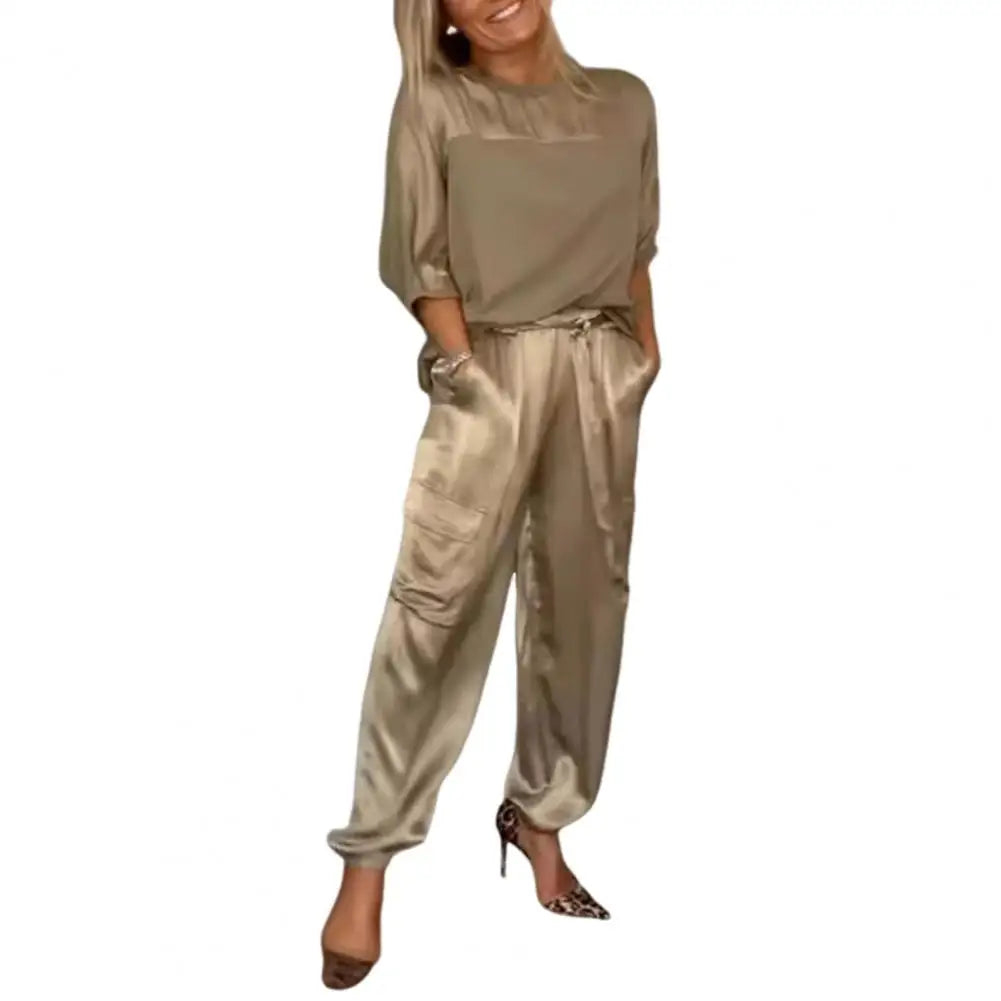 2 Pcs/Set Women Top Pants Set O Neck Satin Three Quarter Sleeves Loose Blouse Trousers Set Lace-up Waist Soft Casual Solid Color