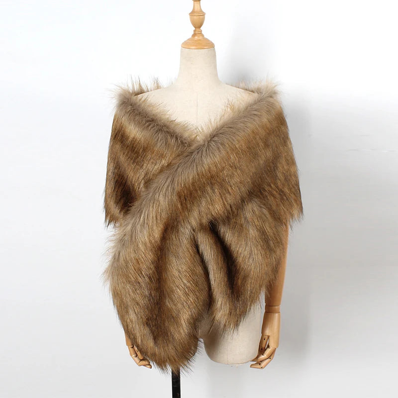 Women Fancy Bridal Wedding Shawl Cape Elegant Winter Warm Faux Fur Long Shawl Stole Wrap Scarf For Evening Party Decor Accessory