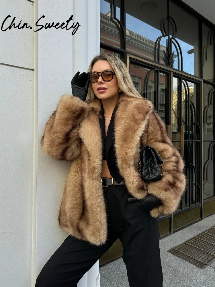 Street Faux Fur Women Coat Urban Full Sleeve Lapel Panelled Pocket Female Outwear 2025 Autumn Winter Elegant Lady Outwear