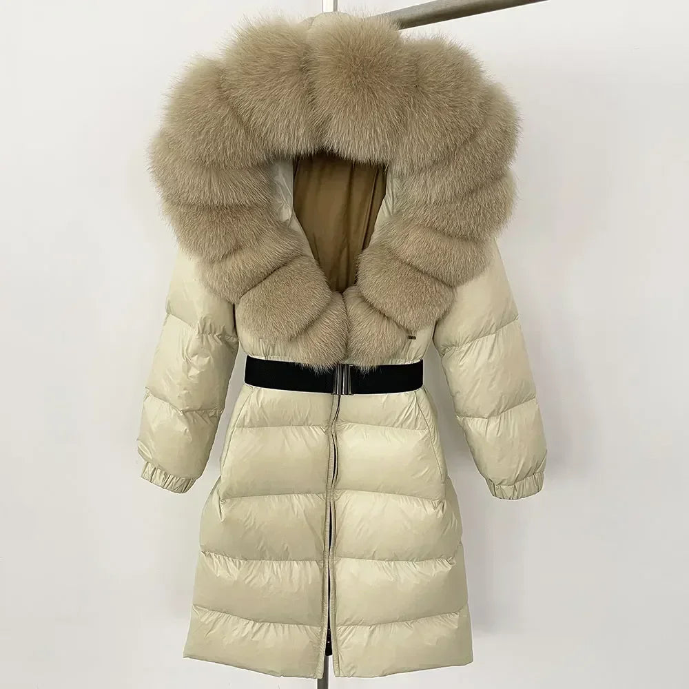 90% White Duck Down Coat New Natural Thick Warm Long Winter Jacket Women Real Big Fox Fur Collar Belt Loose Puffer Parka