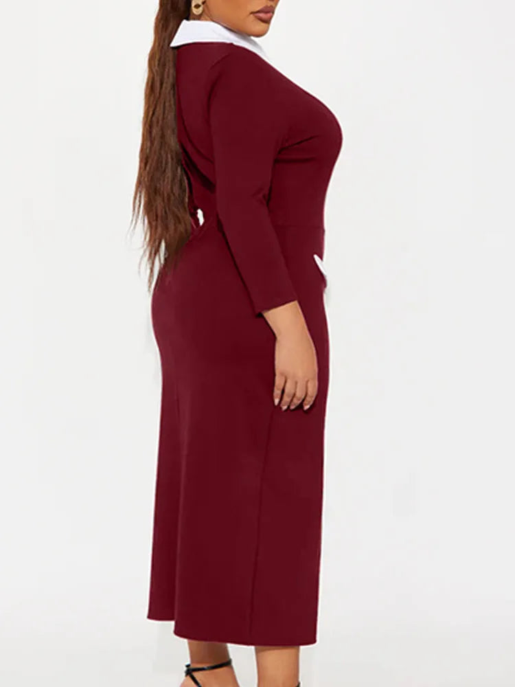 Elegant Fashion Women's Pencil Dress Polo Collar Design Professional Long Sleeved Solid Color Office Lady Dress