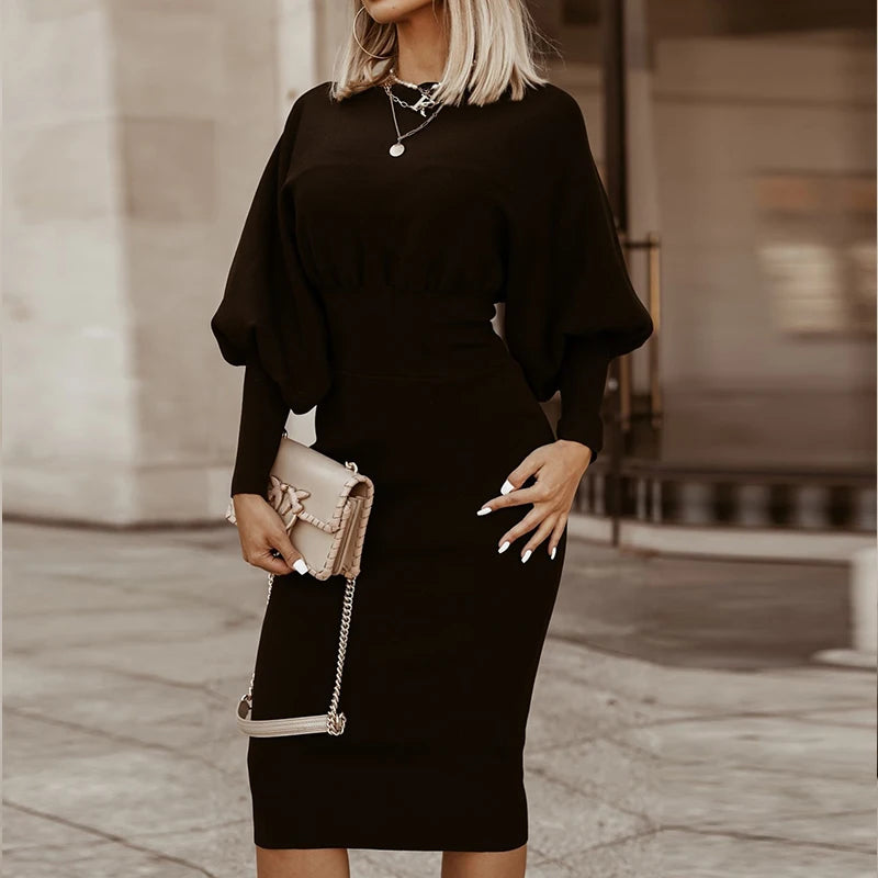 Women Elegant Office Lantern Sleeve Party Dresses Ladies O Neck Bodycon Dress Autumn Winter Solid  Midi Dress 2024 Vestidos
