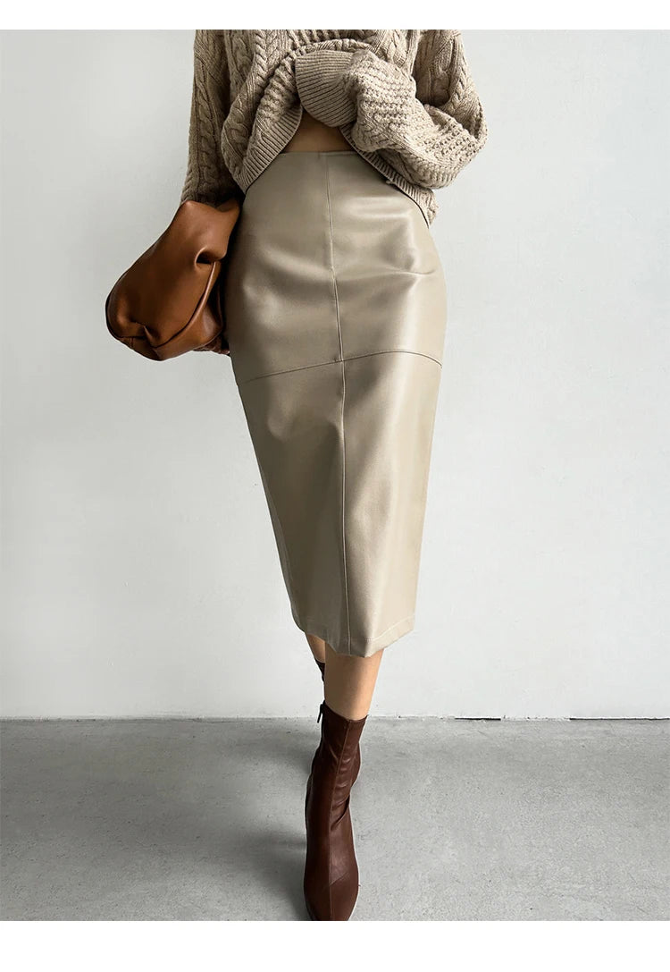 New Fashion Pu Leather Skirt Women Fashion Autumn High Waist Slim Split Wrapped Hip Pencil Skirts Elegant Office Lady Jupe
