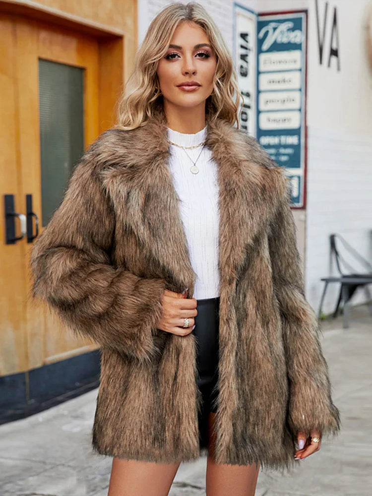 Women Plush Faux Fur Coat Female Casual Turn Down Collar Long Sleeve Warm Overcoat 2024 Winter New Fashion Cardigan Tops Lady