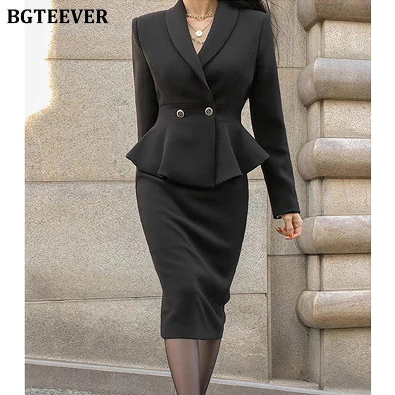 BGTEEVER Elegant Ladies Skirt Suits Double Breasted Slim Waist Blazer & High Waist Package Hip Skirts Women 2 Pieces Set