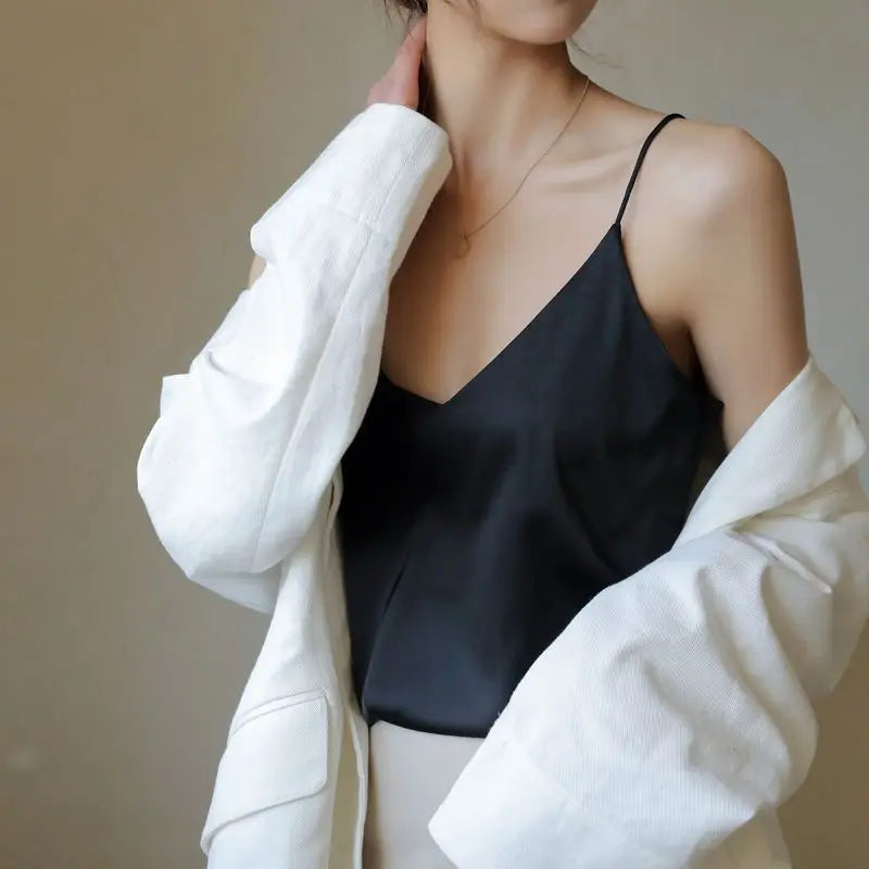 Spaghetti Strap Top Women Halter V Neck Basic White Cami Sleeveless Satin Silk 2025 Tank Tops Women'S Summer Camisole