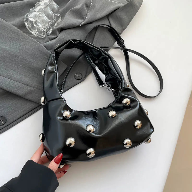 Black Half Moon Underarm Bag For Women Luxury Studded Beading Handbags Red Purse Solid Color Pu Leather Shoulder Crossbody Bags