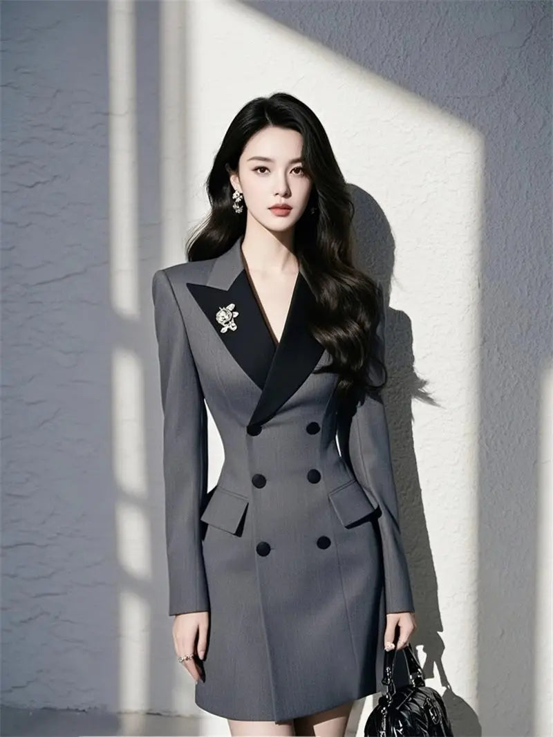 Blazer Dresses Woman Elegant 2025 Spring High-End Gray Patchwork Suit Dress -  Office Casual Slim Fit G760