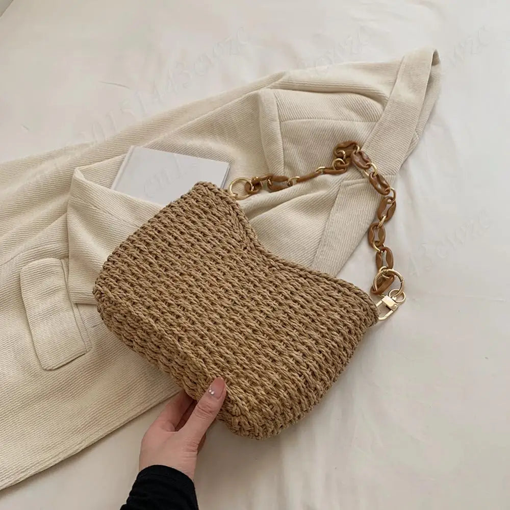 Straw Purse for Women with Chain Woven Shoulder Bag Zipper Underarm Bag Large Capacity Clutch Purse for Travel Vacation