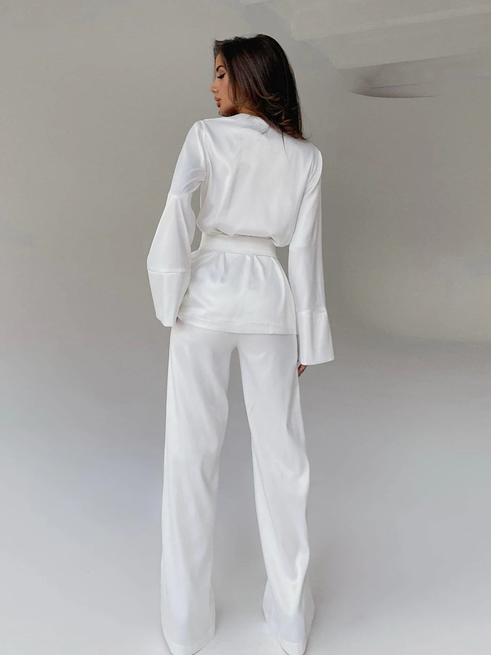 2023 Solid Color Pajamas For Women Robe Sets Full Sleeves Women's Home Clothes Trouser Suits Satin Nightgowns Spring Loungewear