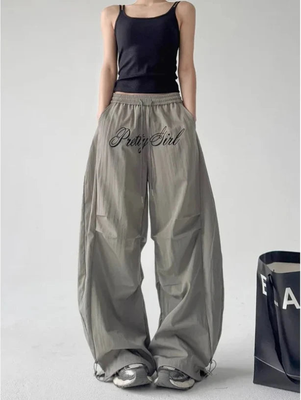 Women Loose Dancing Long PantsGrey Letter Embroidery Jazz Dance Pants Wide Leg Workwear Trousers for