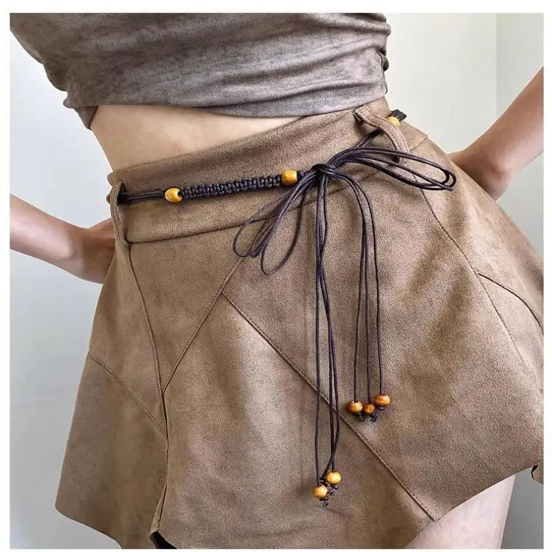 Belts For Women Knot Waistband Summer Boho Shell Bead Dress Jeans Belt Female Beach Accessory Beige Wax Cord