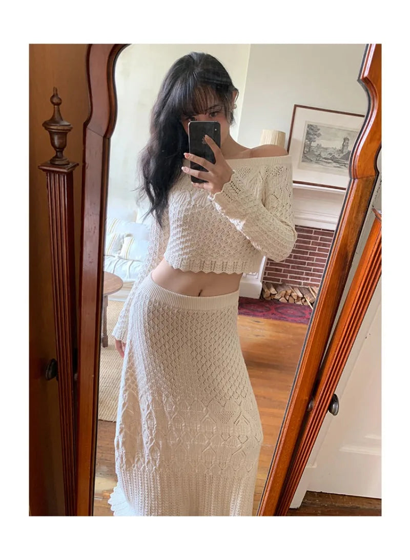Women's Knitted Sweater Skirt Two-Piece Suit New Sexy Hollow Off-Neck Long Sleeve Sweater Skirt Suit