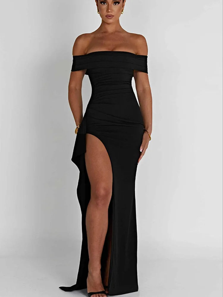 Women's Off-Shoulder Party Dress - High Slit Bodycon Gown, Sexy Elegant Evening Dress