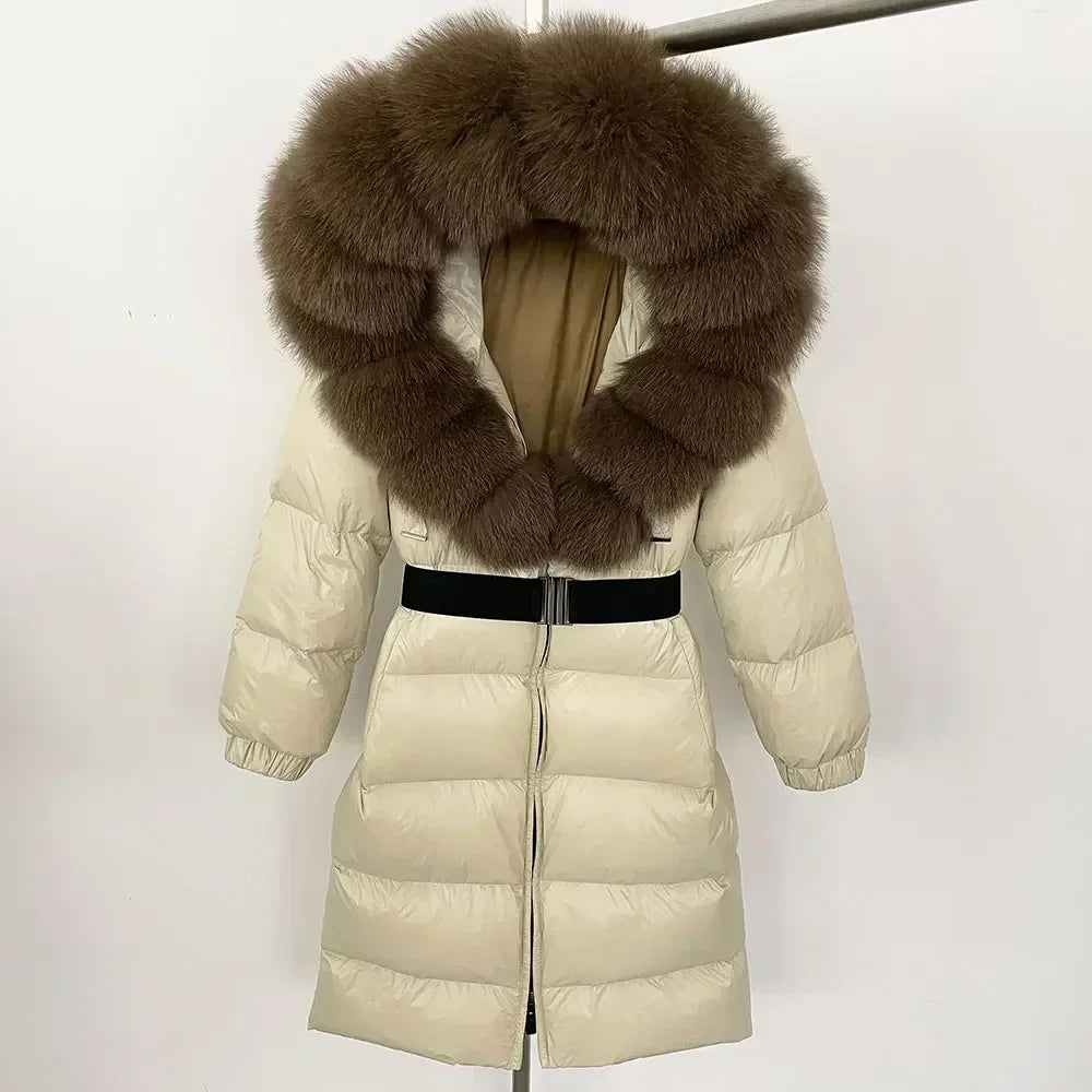 90% White Duck Down Coat New Natural Thick Warm Long Winter Jacket Women Real Big Fox Fur Collar Belt Loose Puffer Parka