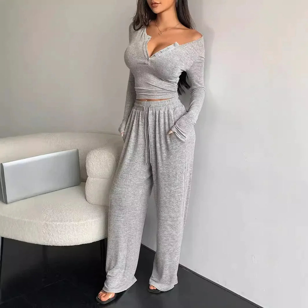 Two Piece Sets Women Pants Set Tracksuit Full Sleeve Sheath V Neck Tops Lace Up Elastic Waist Wide Leg Long Pants Casual Loose